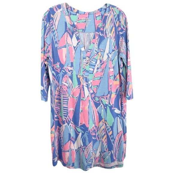 Lilly Pulitzer Large Dress Blue Pink Shift Above Knee Mini V Neck Cotton 429 - Picture 10 of 10
